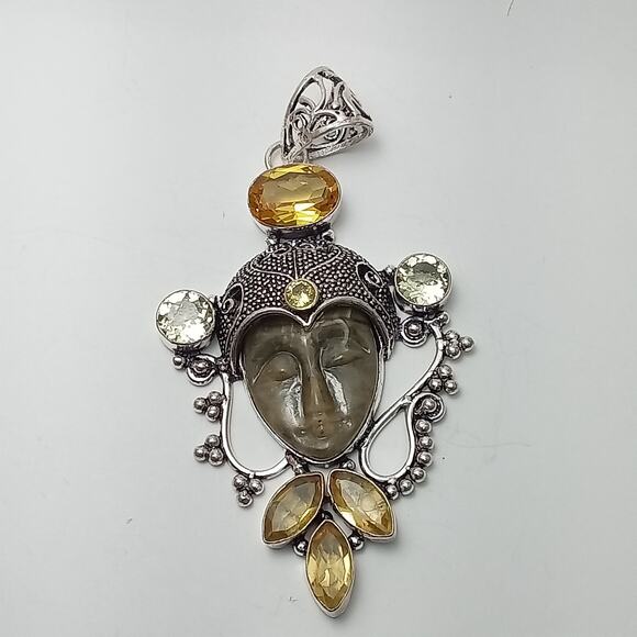 Sterling Silver Bali Goddess Pendant with Citrine and Prasiolite Gems - Picture 3 of 9